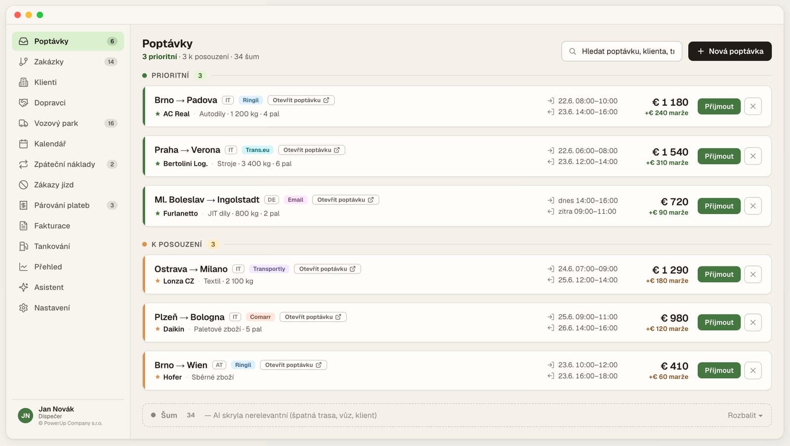 Speditor lead inbox with AI-ranked transport requests
